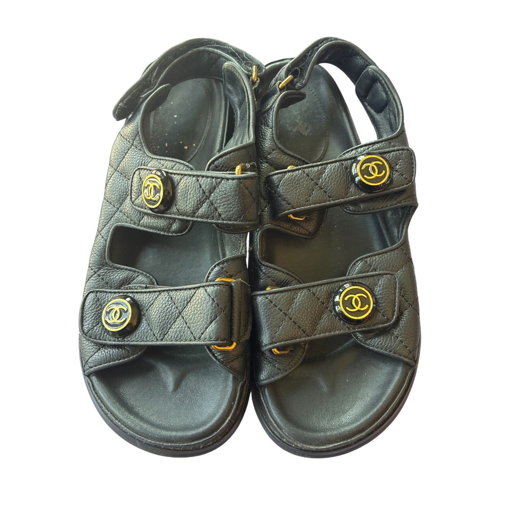 Chanel Dad Sandals Black Quilted Caviar Leather CC Logo Gold Hardware Size 37 7